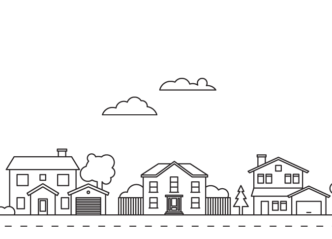 line drawing of homes on a street in a neighborhood