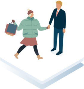 illustration of a woman dressed in winter clothing with a shopping bag shaking the hand of a businessman in a suit