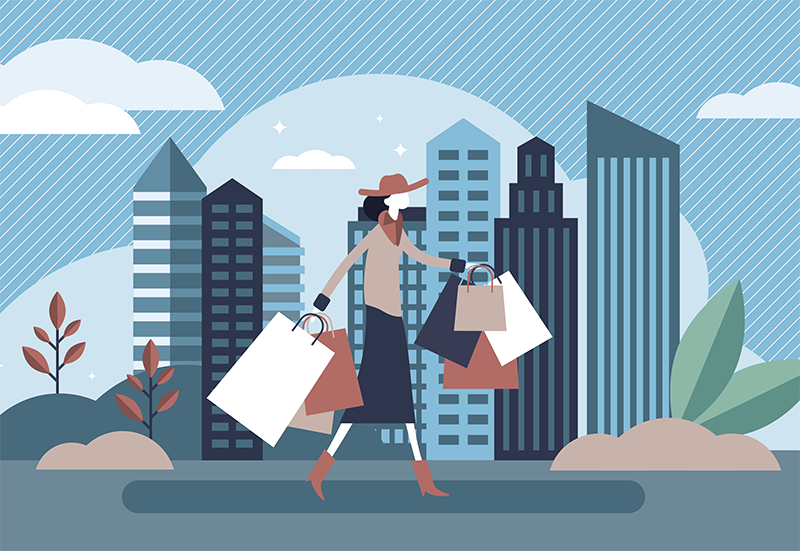 illustration of a well-dressed woman holding multiple shopping bags with a cityscape in the background