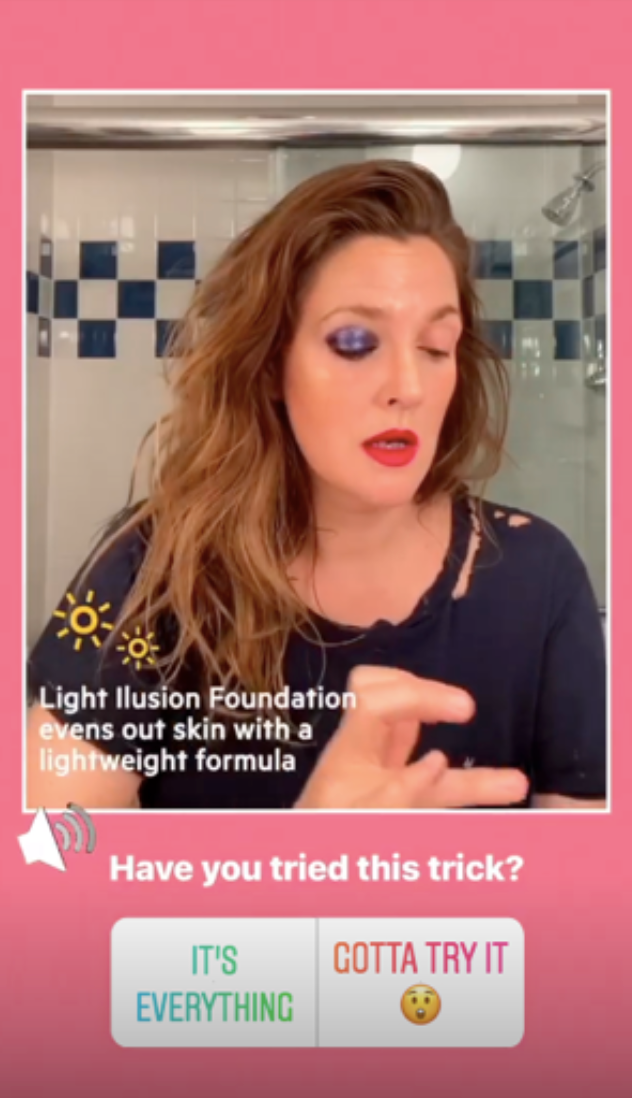 a screenshot of drew barrymore putting on makeup in an instagram reels video as a brand advocate for walmart