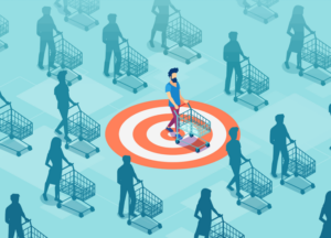 illustration of many people's silhouettes as they push shopping carts, with one man in color in the middle with a bullseye on the floor around him