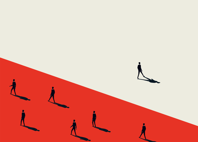 illustration of a person standing out from a crowd, showing one person walking one direction in a blank white space, with all other people walking the opposite direction in a red space