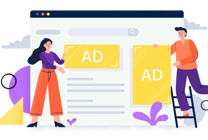 an illustration of two people holding yellow ad panels up on a wall-sized website website