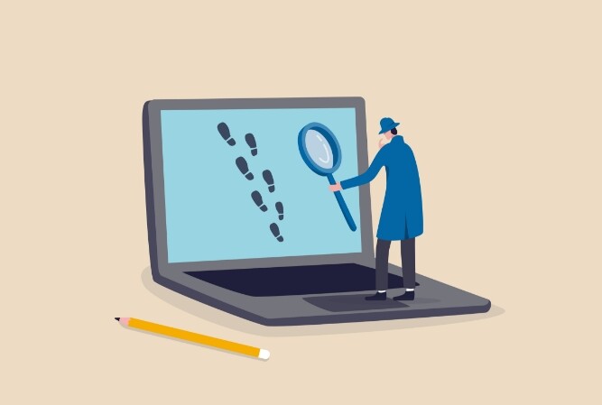 illustration of a tiny investigator looking at footprints on a laptop screen