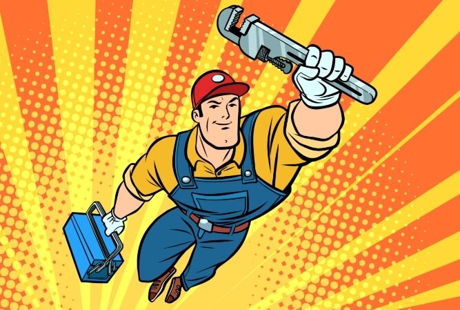a handyman holding a toolbox an wrench, styled like a comic book hero