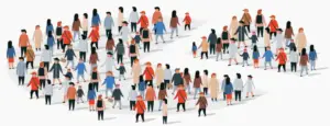 illustration of a crowd of people in the shape of a circle with a small wedge set apart