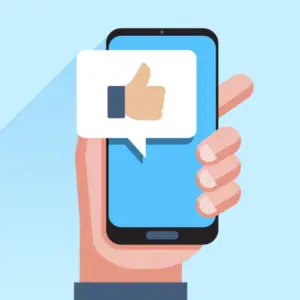 digital illustration of a hand holding a smartphone up with the facebook thumb-up "like" icon on the screen