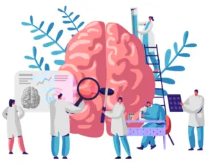 simplified illustration of several doctors surrounding an oversized brain, studying it