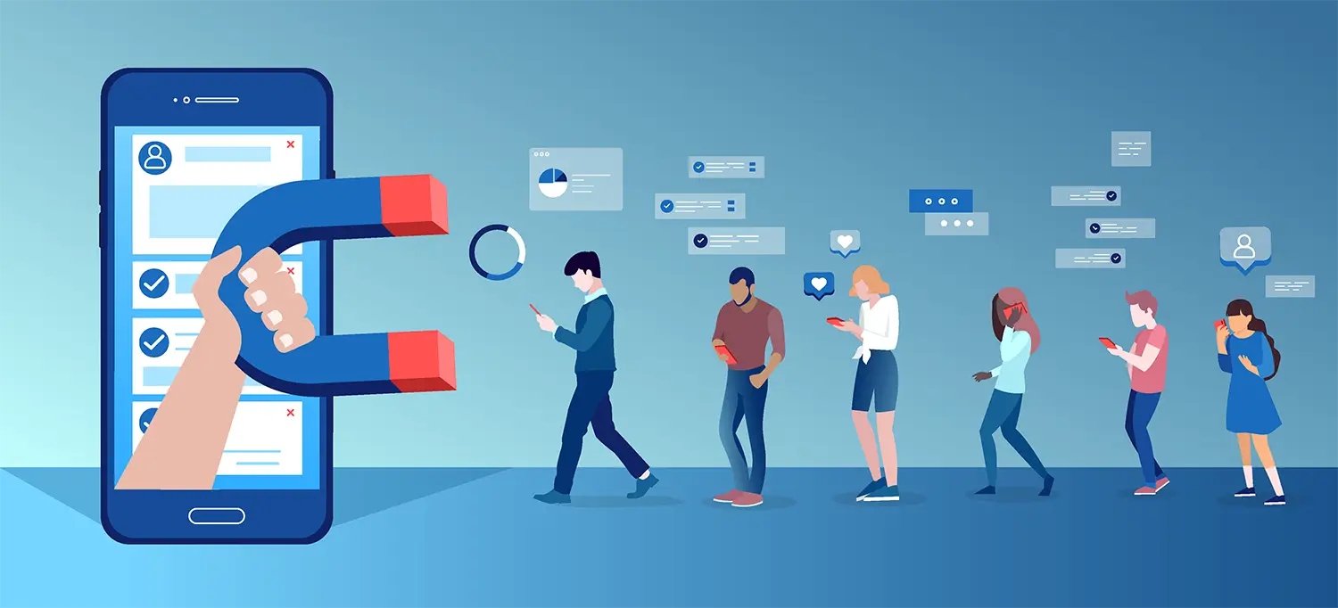 digital illustration of people being drawn in to a smartphone by a large magnet