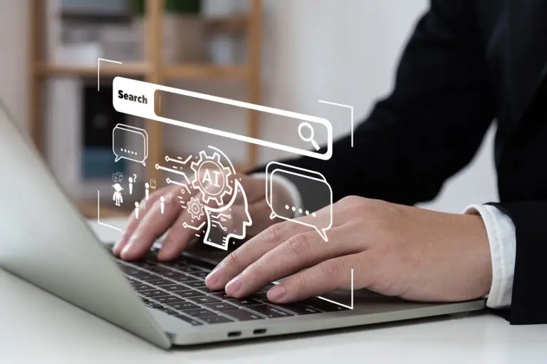 AI search graphics over man searching on laptop