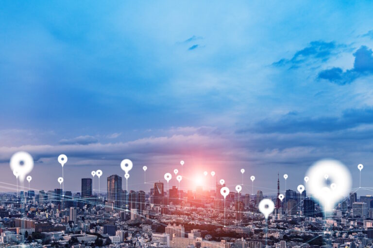 geo location graphics over cityscape